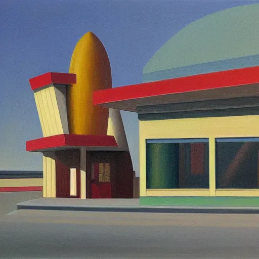 Prompt: googie architecture, grant wood, pj crook, edward hopper, oil on canvas