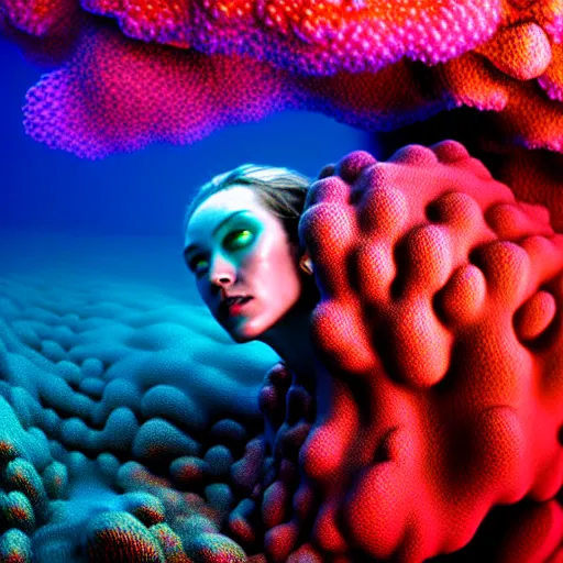 Image similar to psychedelic organic cyborg submerged in ocean coral reef, realism, extreme detail, real life, key art, soft light, volumetric light, photo by albert aublet