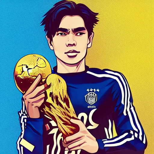 Prompt: james rodrigez holding the world cup in captain tsubatsa, pixiv, high quality