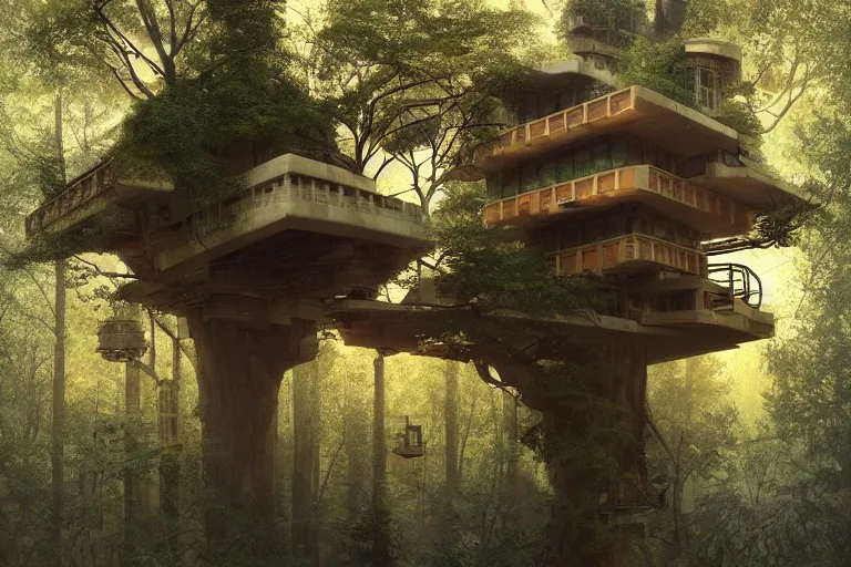 Image similar to solarpunk treehouse by frank lloyd wright, still from a movie, cyberpunk tree house, photo art, artgerm, trending on artstation