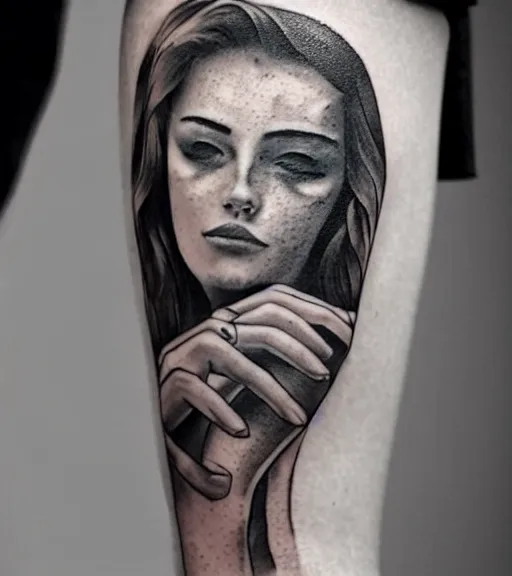 Prompt: tattoo design sketch of a beautiful girl with, faded mountain background, in the style of den yakovlev, black and white, realism tattoo, hyper realistic, highly detailed