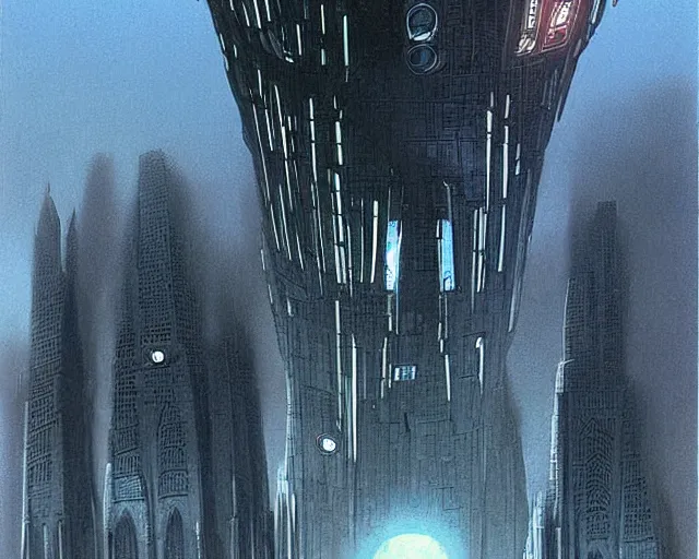 Prompt: An evil imposing tower, sc-fi, futuristic, matte painting, Moebius