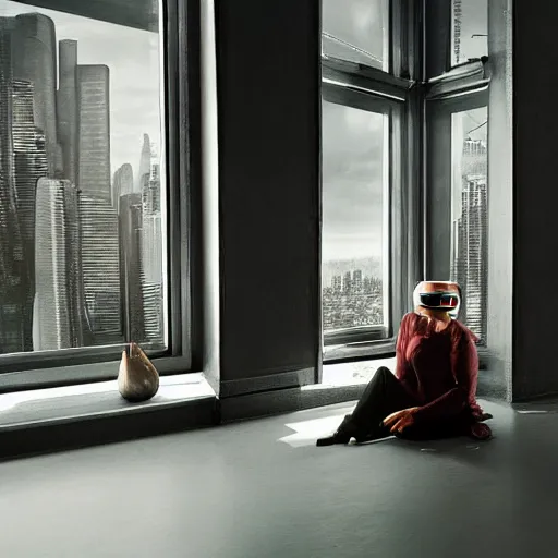 Image similar to photo of a woman in vr headset sitting in cyberpunk room behind the window, by annie leibovitz