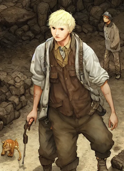 Prompt: character portrait of a man with an albino mountain lion's head wearing miner's clothes at the mines. hidari, color page, tankoban, 4K, tone mapping, Akihiko Yoshida.