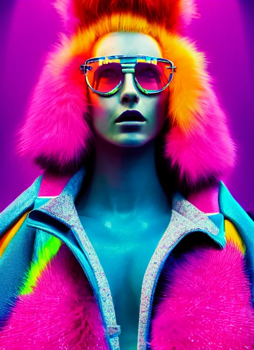 Image similar to stylish coat for a rave, bright colors, many details, prints, photo for a magazine, photo for a store, fashion photography, Vogue, 135 mm, cinematic, hyper realism, high detail, octane render, 8k, chrome accents, very coherent symmetrical artwork, perfect face model, full length photo, Upper and lower body, even skin tone