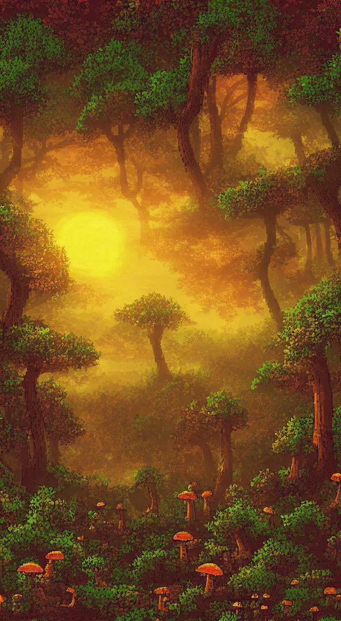 Prompt: a dreamy sunset in the forest with mushrooms in pixelart style, highly detailed