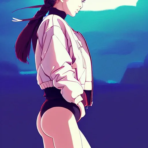 Image similar to a beautiful! boyish! natalie portman alluring gravure! model, wearing oversized aztec bomber jacket and leotard, poofy bomber jacket with mayan patterns, gapmoe yandere grimdark, trending on pixiv fanbox, painted by greg rutkowski makoto shinkai takashi takeuchi studio ghibli, akihiko yoshida