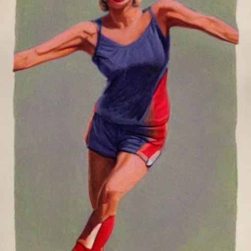 Image similar to a 1 9 2 8 color drawing portrait. calm, happy, healthy, smiling, sporty, young, glowing sophia loren in athletic wear with big smile and healthy teeth. realistic, high quality.