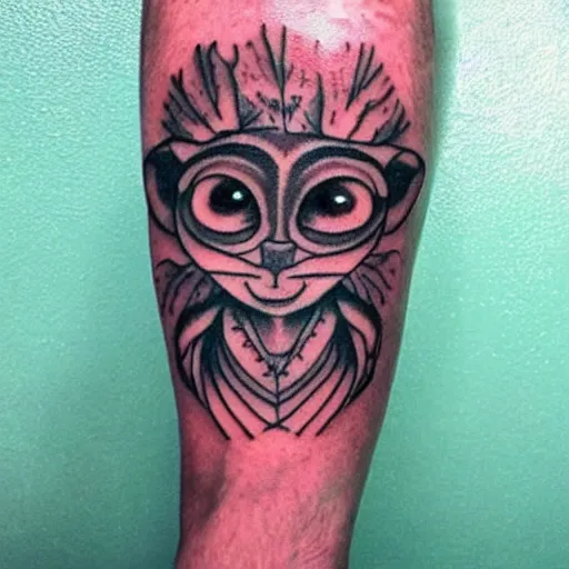 Prompt: shoulder tattoo of a cute bush baby with trippy eyes and glowing multicolored chakra symbols, meditative, insanely integrate