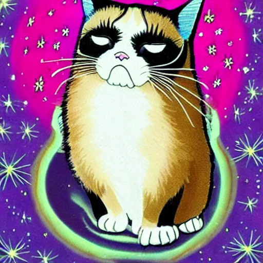 Prompt: Grumpy cat bathing in the opalescent cosmos, his worries melting away leaving a slight smirk on relaxed face, surrounded by stars and fancy feast, his decadence knows no bounds, he is grumpy no more