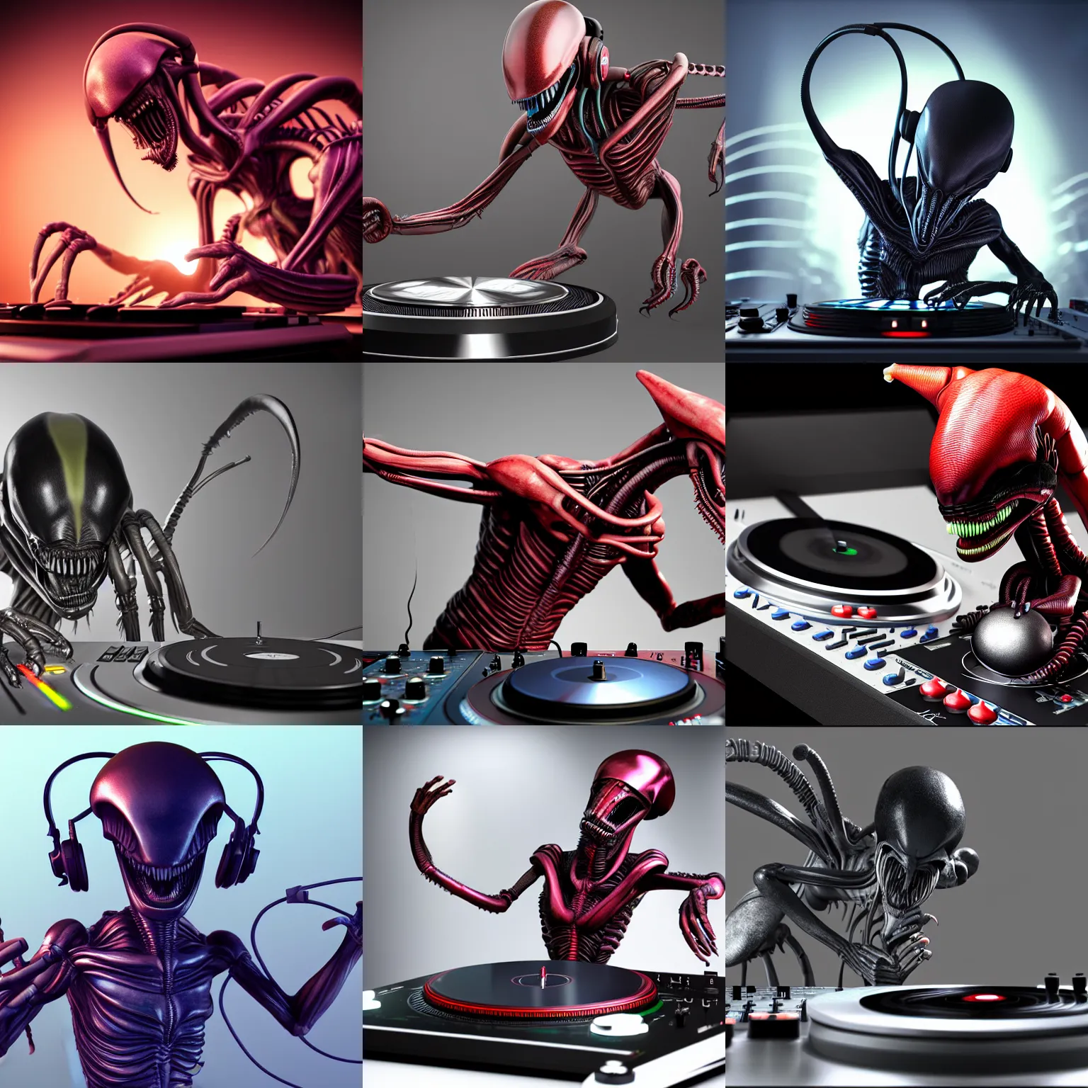 Prompt: 3d render of photoreal xenomorph alien with headphones DJing with DJ turntables, unreal