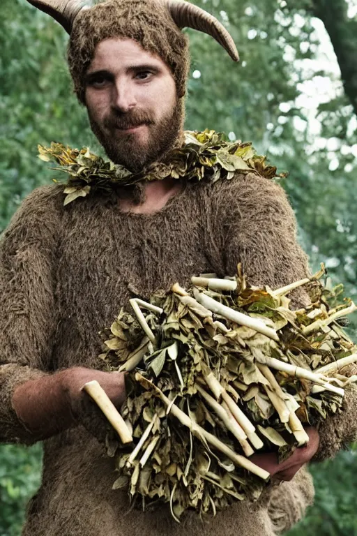 Image similar to a goatman wearing clothes made of leaves and holding a bundle of sticks