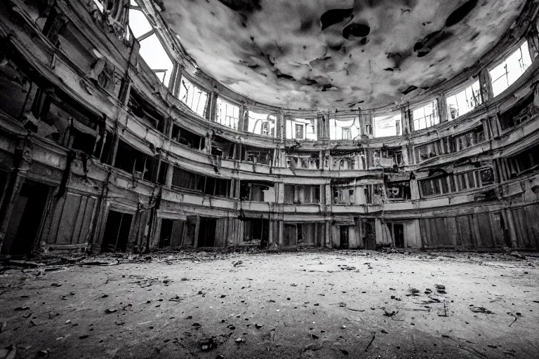 Image similar to photography of inside of an abandoned old opera fitlh and grim apex, creepy, dark atmosphere, ray of sun from the rooftop, wide angle, 1 6 mm lens fujifilm, grainy film