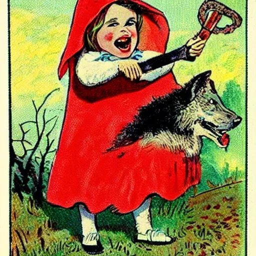 Image similar to little red riding hood smiling as she stands over a dead wolf with a bloody knife, vintage Halloween postcard