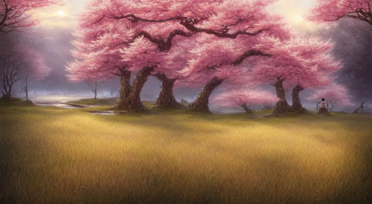 Image similar to A field of cherry blossoms on an oceanfront, fine art, awesome fantasy book cover on Pinterest, award winning, fantasy forest landscape, fantasy magic, dark golden light night, intricate, elegant, sharp focus, illustration, highly detailed, digital painting, concept art, matte, art by WLOP and Artgerm and Greg Rutkowski, masterpiece, trending on artstation