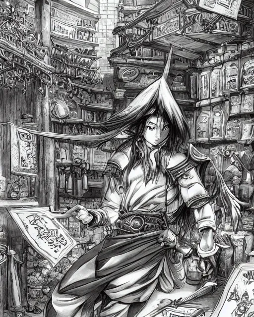 Image similar to A merchant selling treasuries and potions, high detailed store, black and white, fantasy art, in the style of masami kurumada, illustration, epic, fantasy, intricate, hyper detailed, artstation, concept art, smooth, sharp focus, ray tracing