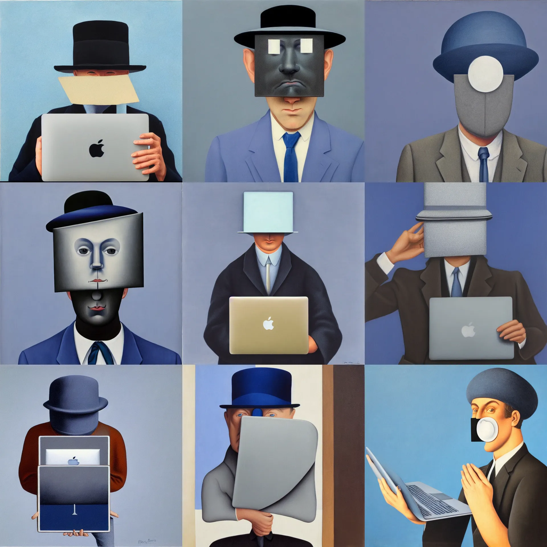 Prompt: front view portrait of a man with a macbook laptop covering his face, wearing a hat, blue / grey background, painted by rene magritte