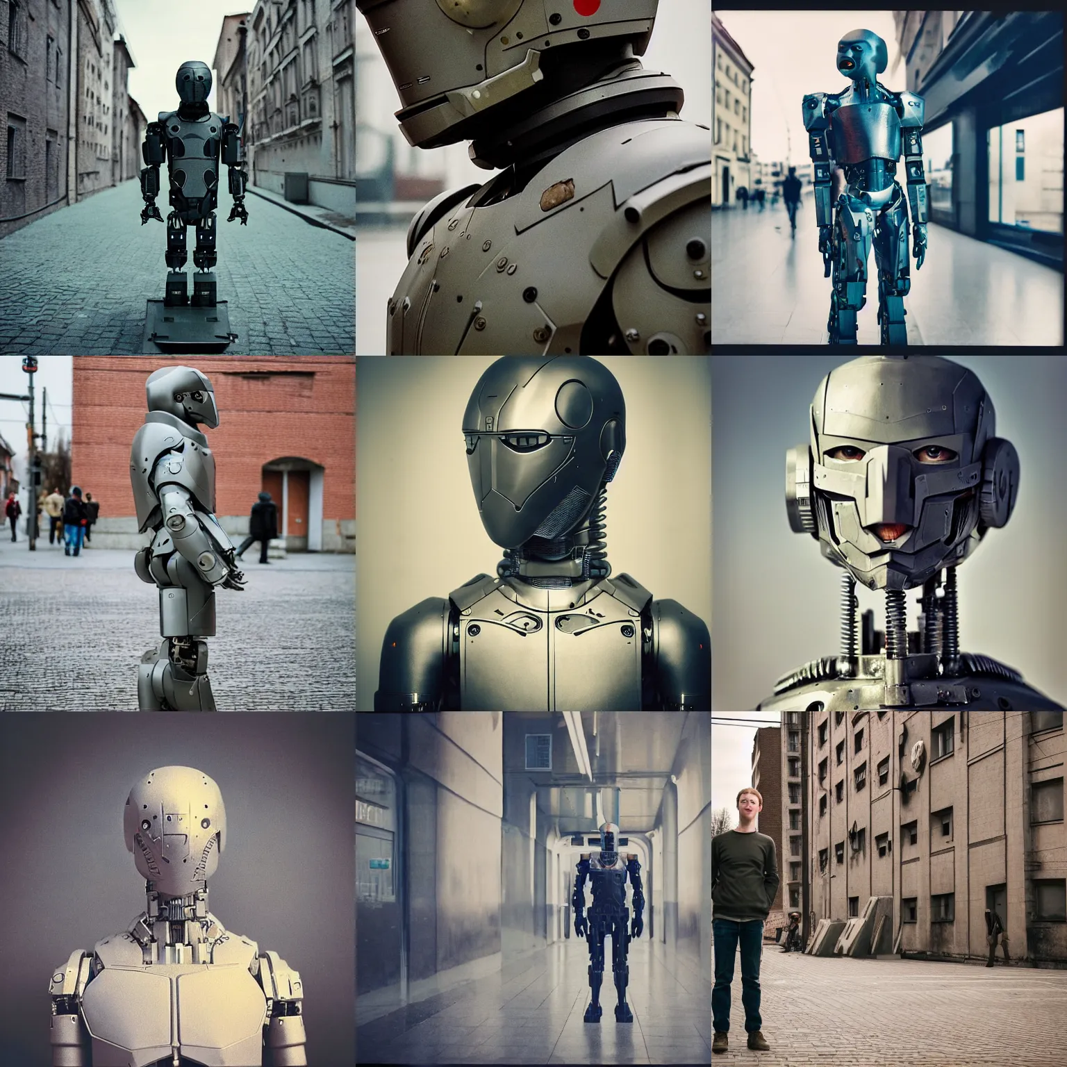 Prompt: legnica. close up. mark zuckerberg armored cyborg, in legnica, full body, cinematic focus, polaroid photo, vintage, neutral dull colors, soft lights, by oleg oprisco, by thomas peschak, by discovery channel, by victor enrich, by gregory crewdson