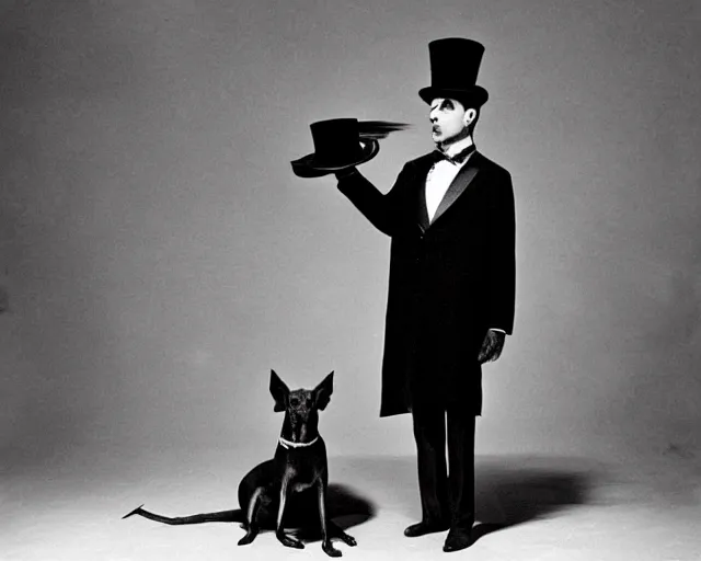 Image similar to greyhound wearing a black cloak and a top hat, under a spotlight, magician dog performing on stage