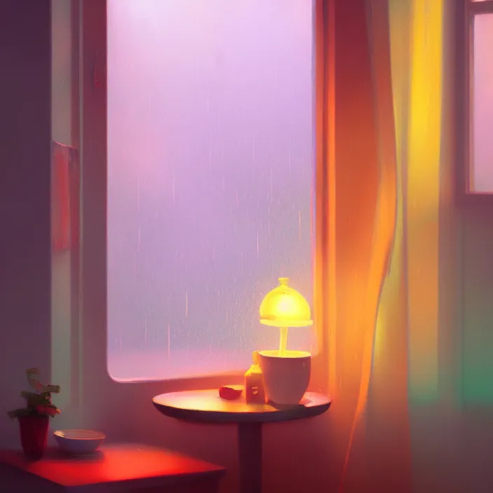 Prompt: rain dripping down the window of a cozy cottage, vibrant colors, atey ghailan, delphin enjolras, goro fujita, makoto shinkai, rim light, exquisite lighting, octane render, very coherent, trending on artstation