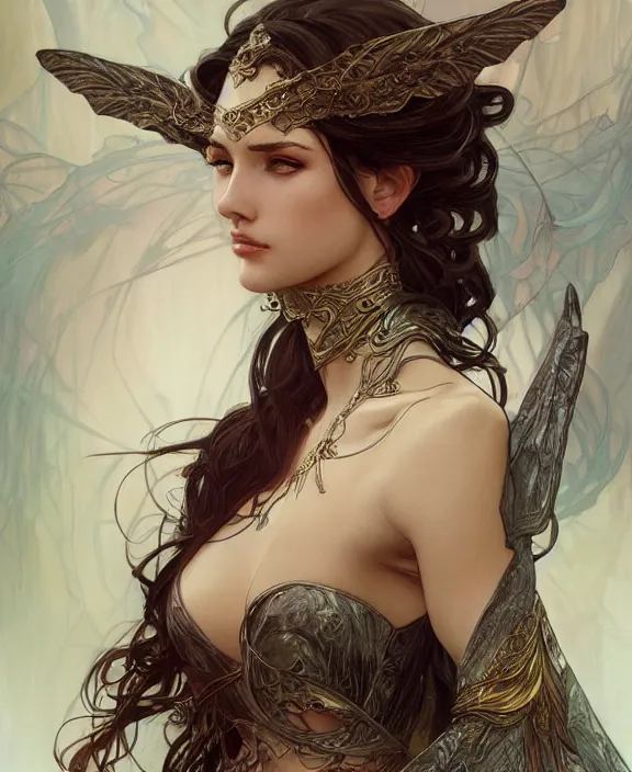 Image similar to portrait of a fantasy woman, half body, d & d, fantasy, intricate, elegant, highly detailed, digital painting, artstation, concept art, art by artgerm and greg rutkowski and alphonse mucha, luis royo