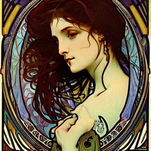 Image similar to realistic detailed face portrait of Lilith by Alphonse Mucha, Art Nouveau, Neo-Gothic, gothic, rich deep colors