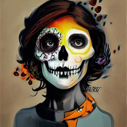 Prompt: a portrait of a girl skull face, angel, halo, in the style of banksy, van gogh, atey ghailan and steve mccurry, vibrant colors and hard shadows and strong rim light, lucien freud, comic cover art, trending on artstation