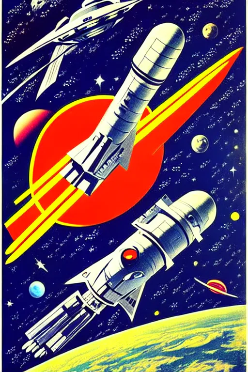 Image similar to space, spaceship, ussr poster, art by grewski