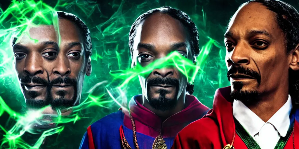 Prompt: snoop dogg as doctor strange, multiple dimensions, broken glass, green light, marijuana leaves, marijuana, highly detailed, film still, new avengers movie, 4 k,