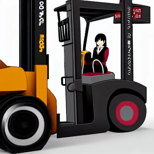 Image similar to a person cosplaying homura akemi operating a forklift