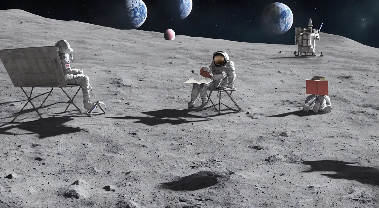 Prompt: hyper realistic matte painting of astronaut on the moon sitting on concrete bench in the foreground, back to the camera, reading book planet earth visible above horizon, back lighting, highly detailed, trending on artstation, concept art, art by jan matejko