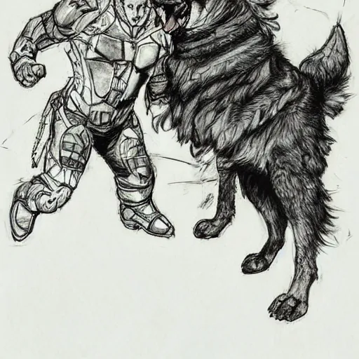 Image similar to a humanoid german shepherd beast - man wrestling with another german shepherd in the middle of an arena, pencil art, added detail, high definiton, colored, aerial viewyoji shinkawa