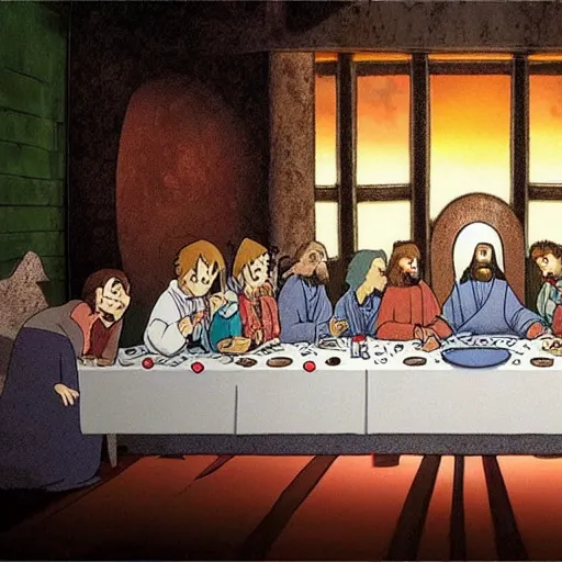 Image similar to The last supper by tim burton, studio ghibli, 4K, OLED, excellent detail, masterpiece