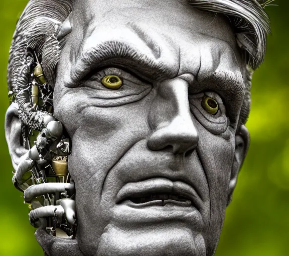 Image similar to award winning 5 5 mm close up portrait photo of trump with a half biomechanical cybernetic face, in a park by luis royo. soft light. sony a 7 r iv