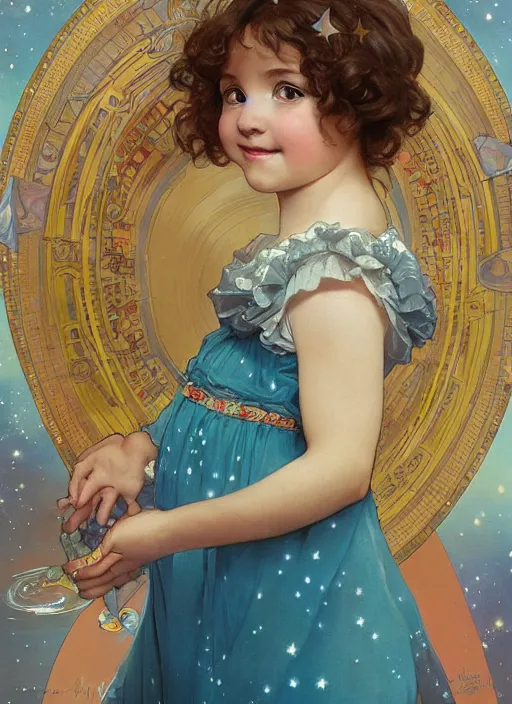 Image similar to a cute little girl with a round cherubic face, blue eyes, and short curly light brown hair smiles as she floats in space with stars all around her. She is wearing a turquoise dress. Beautiful painting by Artgerm and Greg Rutkowski and Alphonse Mucha