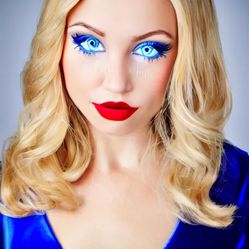 Prompt: beautiful cute blonde - haired blue - eyed female wearing elegant silk dress and high - heels, lipstick as a muppet