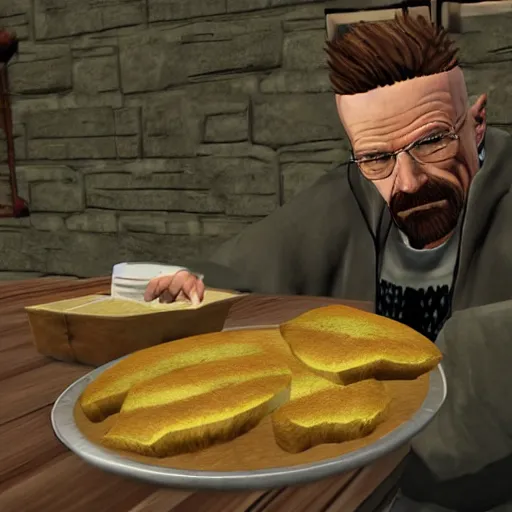 Prompt: in-game screenshot of walter white eating a hamburger in skyrim