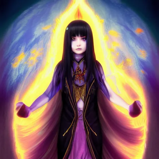 Image similar to rimuru tempest from tensura holding purple fire in his palm, with amber eyes of golden colored eyes, straight hair, sky blue hair, long bangs, gothic attire, regal attire, concept art, award winning photography, digital painting, cinematic, wlop, 8 k, by ross tran, tom bagshaw, andy warhol