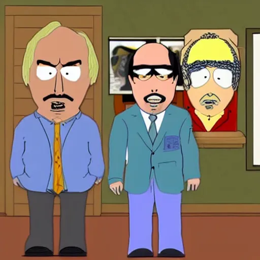 Image similar to saul goodman visits south park cartoon frame.