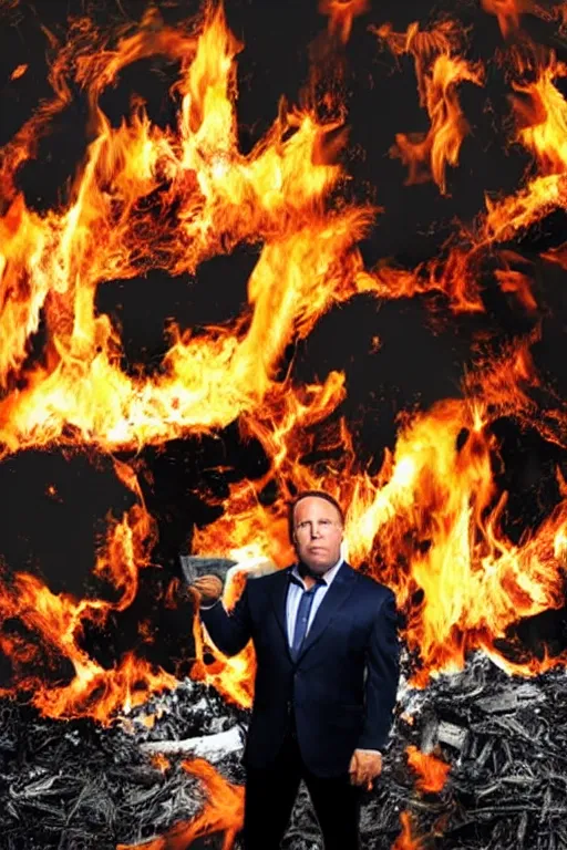 Prompt: Alex Jones burning a giant pile of 45 million dollars. Photo realistic. Award winning