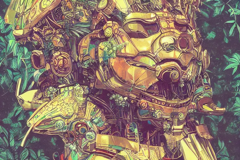 Image similar to gigantic mecha head, a lot of exotic vegetation, trees, flowers by moebius, dull colors, junji ito, tristan eaton, victo ngai, artgerm, rhads, ross draws, hyperrealism, intricate detailed, risograph