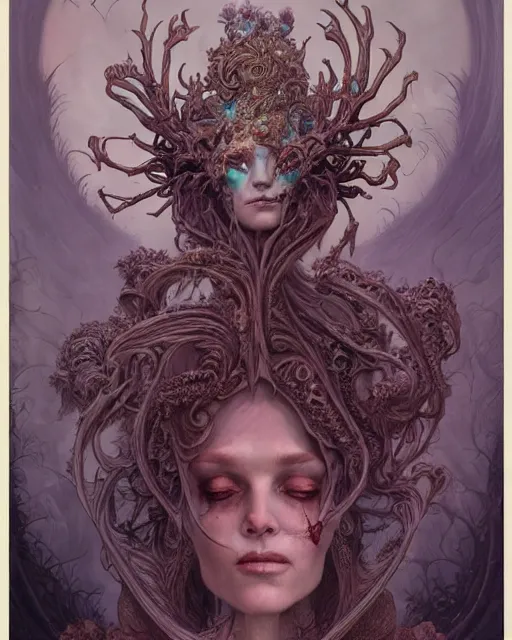 Prompt: a beautiful detailed front view portrait of a dead rotten princess with baroque ornate growing around, ornamentation, elegant, beautifully soft and dramatic lit, by wayne barlowe, peter mohrbacher, kelly mckernan
