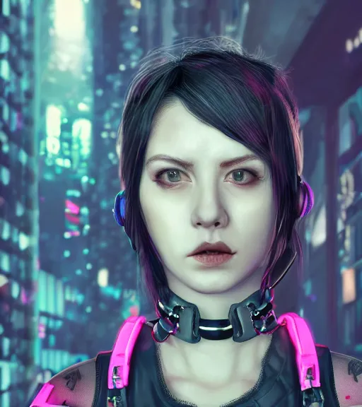 Image similar to detailed realistic female character cyberpunk wearing thick steel collar around neck, realistic, art, beautiful, 4K, collar, choker, collar around neck, punk, artstation, detailed, female, woman, choker, cyberpunk, neon, punk, collar, choker, collar around neck, thick collar, tight around neck, punk,