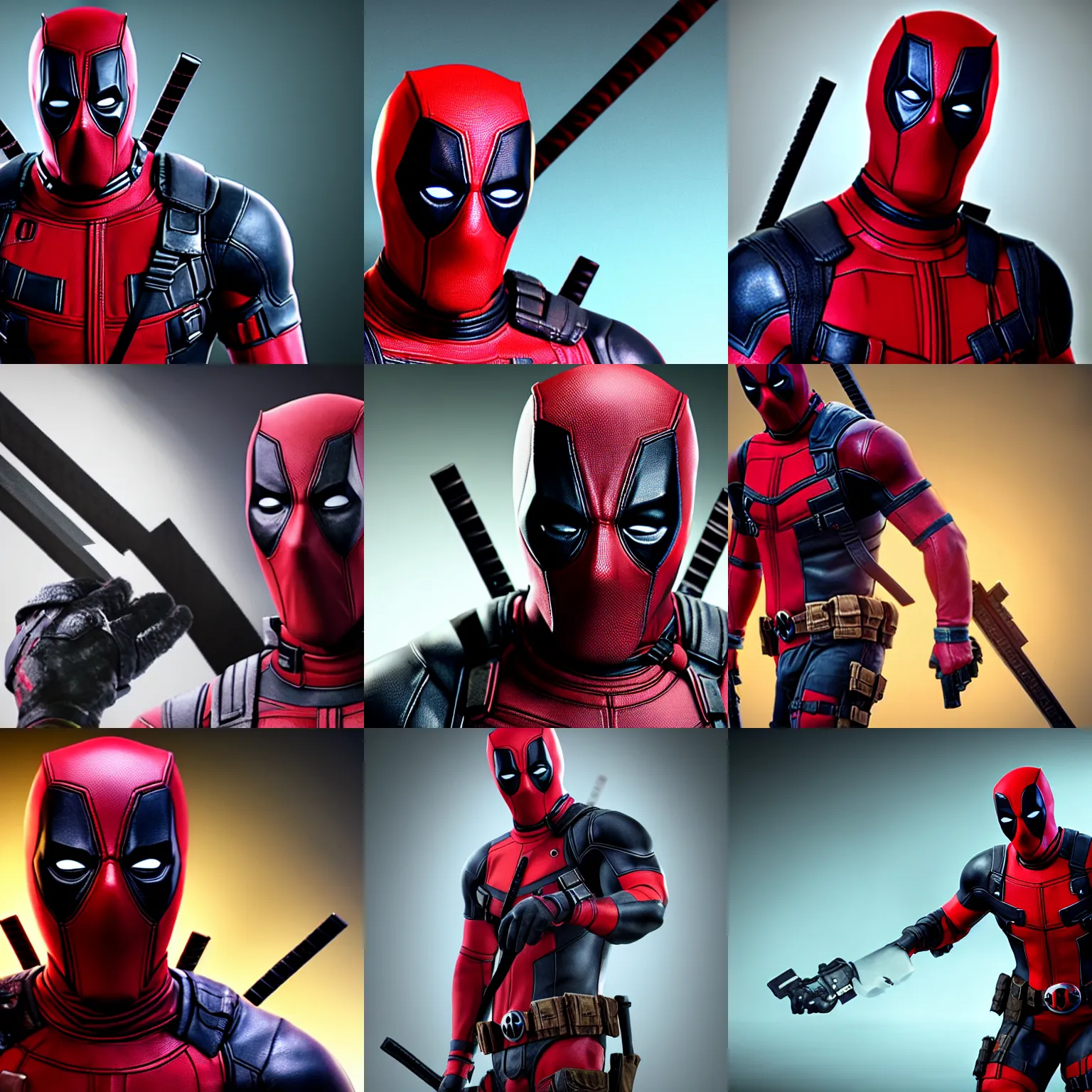 Prompt: unreal engine 5 quality render, still photo of deadpool, studio lighting, highly detailed, photorealistic portrait, crisp quality and light reflections, bright studio setting
