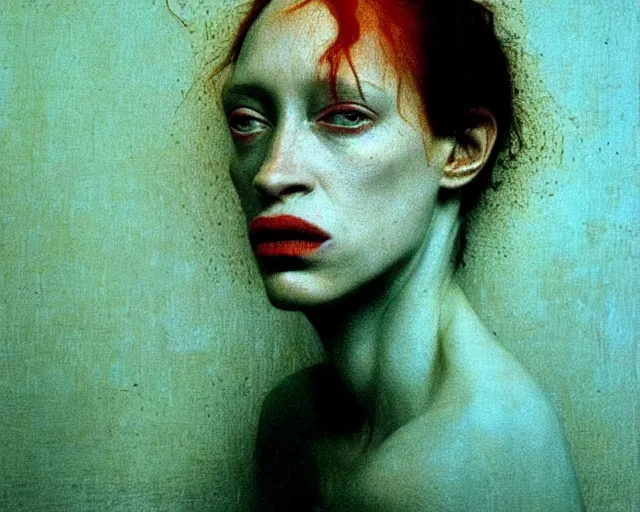 Prompt: by francis bacon, beksinski, mystical redscale photography evocative lips eyebrows. kat dennings uma thurman christina hendricks tilda swinton