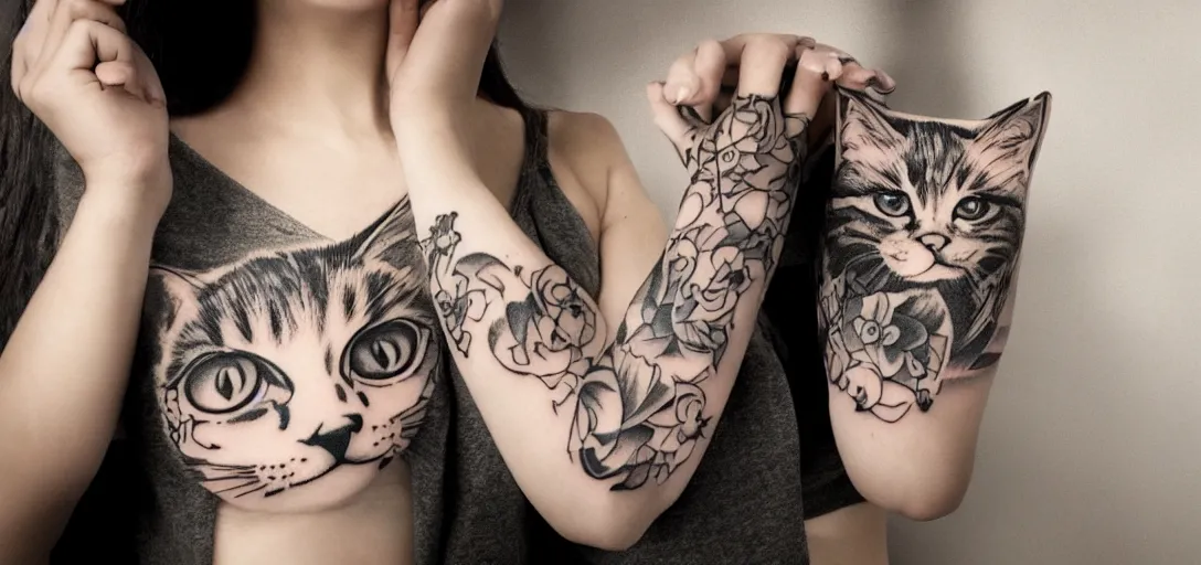 Image similar to a beautiful cat girl with tattoo photorealism bokeh