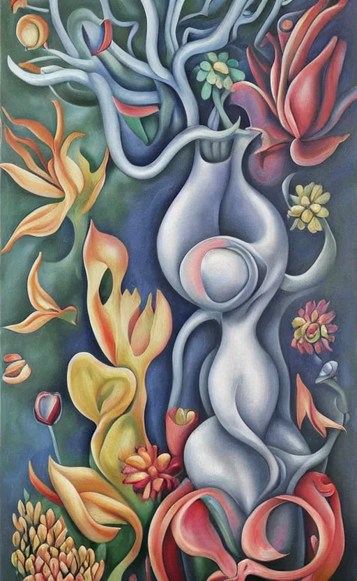 Image similar to a biomorphic painting of a vase with flowers in it, a surrealist painting by Bridget Bate Tichenor, by Georgia O'Keeffe, by Amanda Sage, featured on deviantart, metaphysical painting, oil on canvas, acrylic art, airbrush art