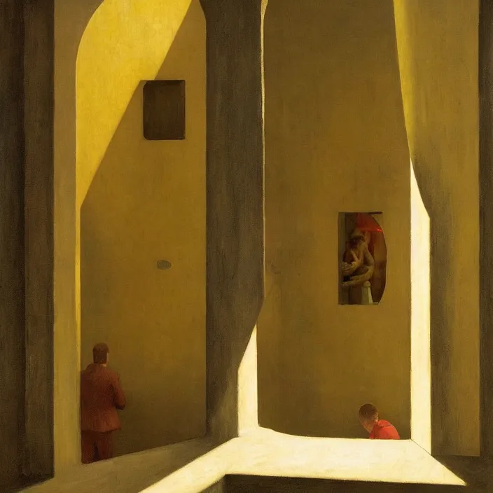 Image similar to people inside roman museum looking through the window Edward Hopper and James Gilleard, Zdzislaw Beksinski, highly detailed