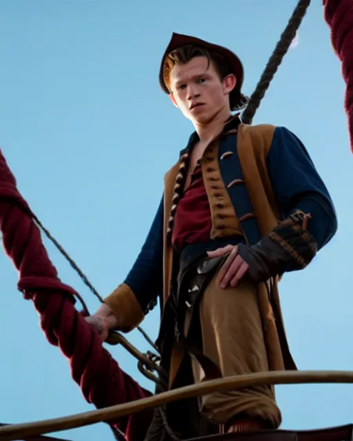 Prompt: film still of tom holland as a pirate, standing on the mast, cinematic lighting, sharp focus, highly detailed attributes and atmosphere