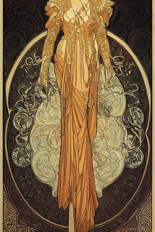 Image similar to full - body artwork, cattie - brie of mithril hall, andreas rocha, greg rutkowski. art nouveau neo - gothic sculpture by mucha. swirly intricate gilded linework background. gaudy colors, sharp edges. ultra clear detailed. 8 k. elegant. octane render